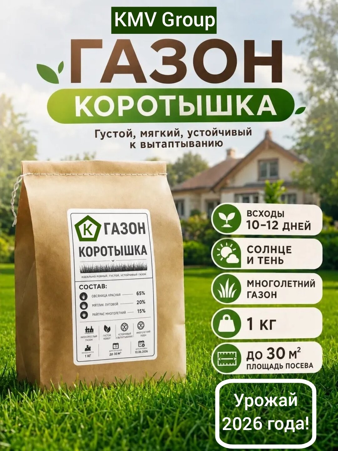 Газон многолетний низкорослый 1 кг / Семена газонной травы / Кавказское качество / KMV Group