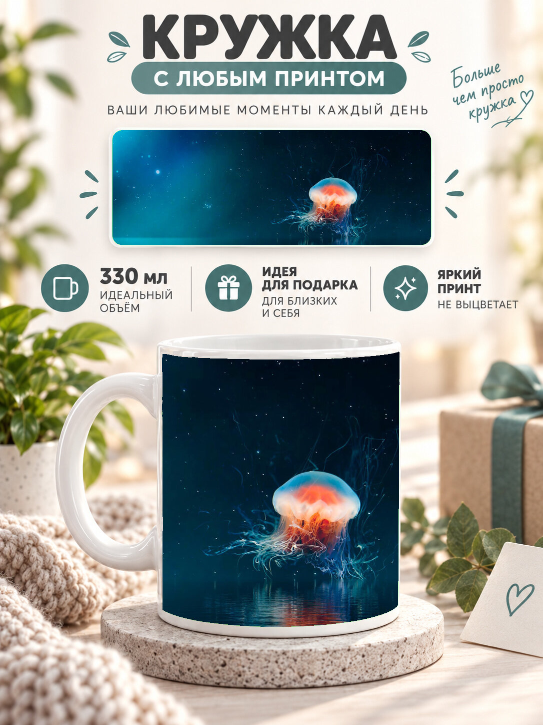 Керамическая кружка MoodRoom 330 мл с глянцевой поверхностью, белая с художественным принтом для чая, кофе, MUG3303988