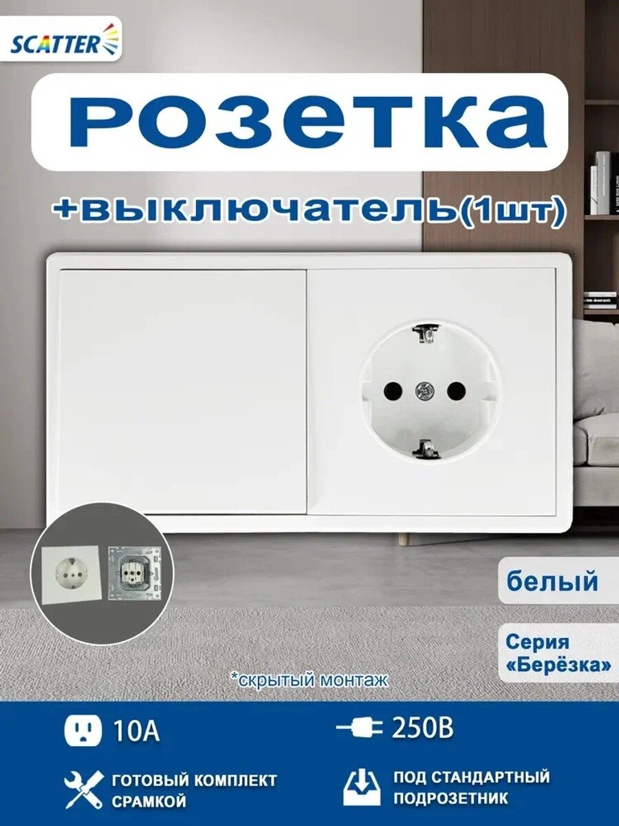Розетка (1шт) +выключатель с заземлением 16А Берёзка Scatter