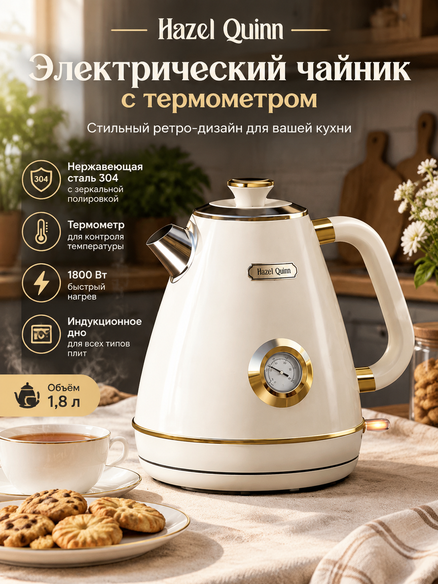 Ретро электрический чайник с термометром 1,8 л, белый с золотом, для кухни и чаепития