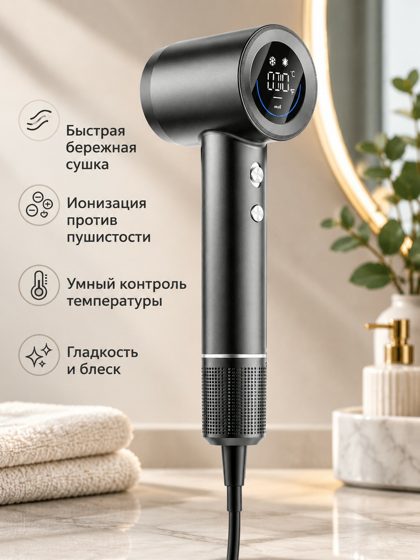Высокоскоростной фен для волос с ионизацией и умным термоконтролем, чёрный, евро/корейский стандарт