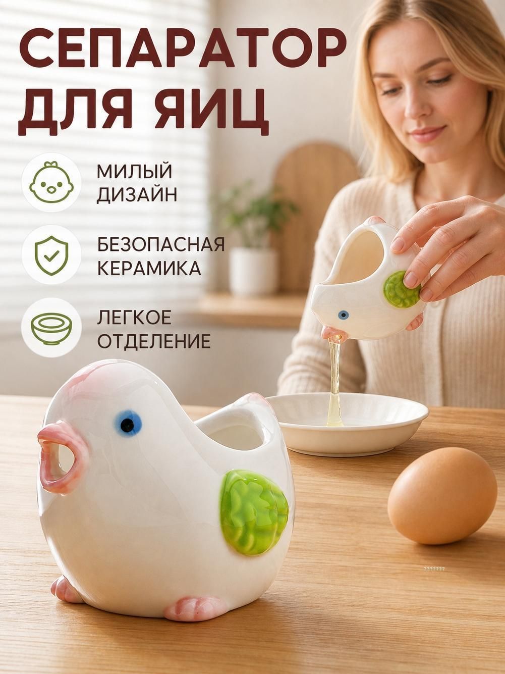 Яйцечистка керамическая для отделения белка от желтка, белая с желтым.