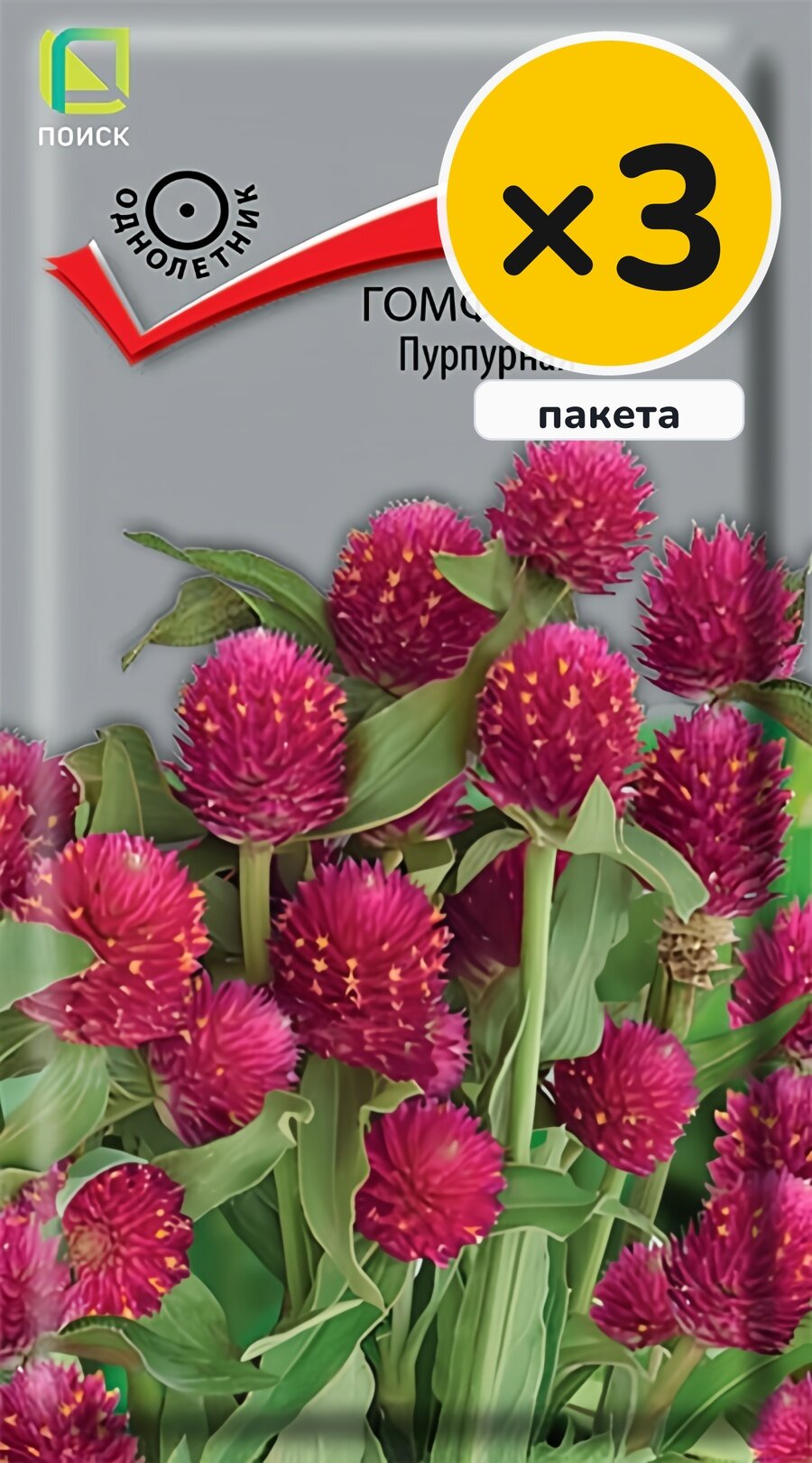Семена гомфрены Пурпурная, 0,1 г, 3 пакета, Поиск, однолетник, высота до 50 см, посев на рассаду в марте
