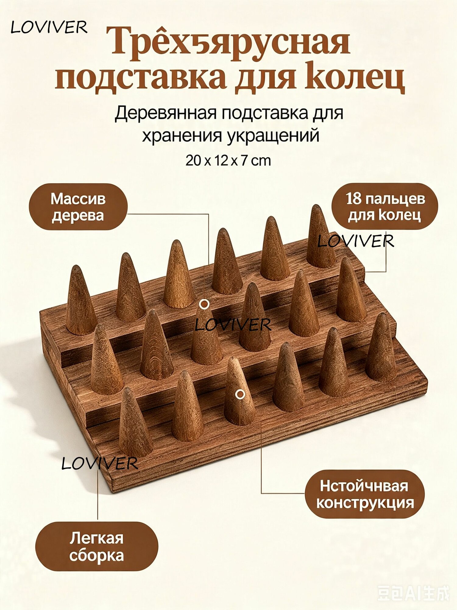 Деревянная витрина для колец с 3 ярусами, 18 пальцев, органайзер для демонстрации украшений, 20x12x7 см