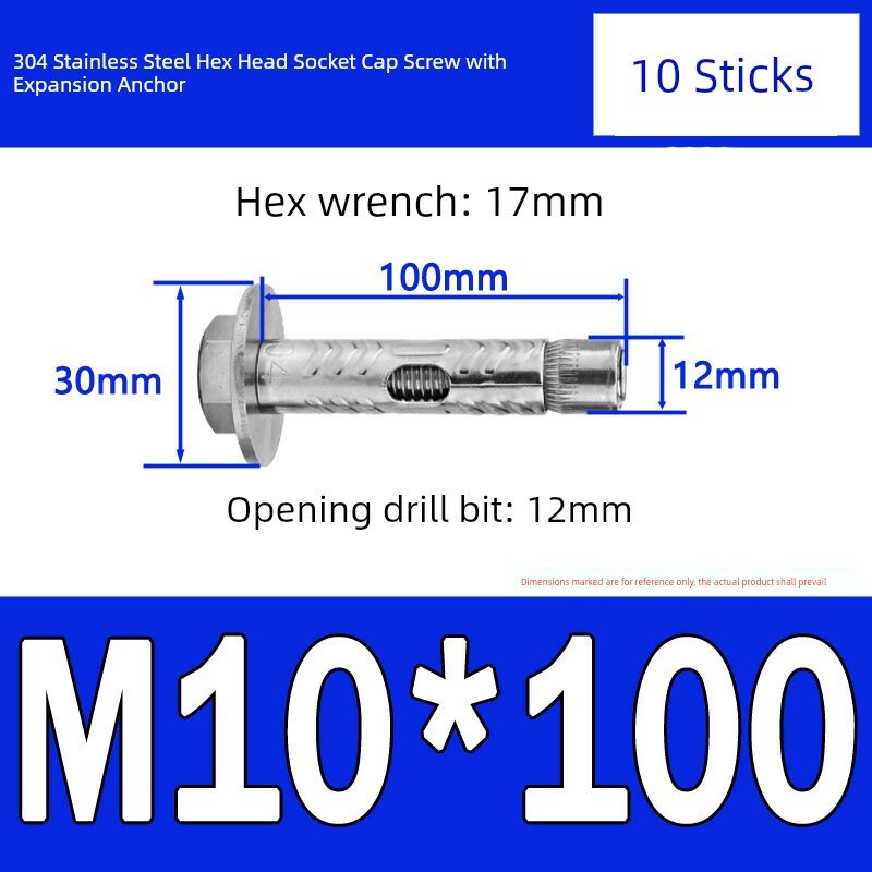 304 нержавеющая сталь шестигранный распорный болт M10 x 100 мм, 10 шт. для крепления потолка и стен - прочный анкер