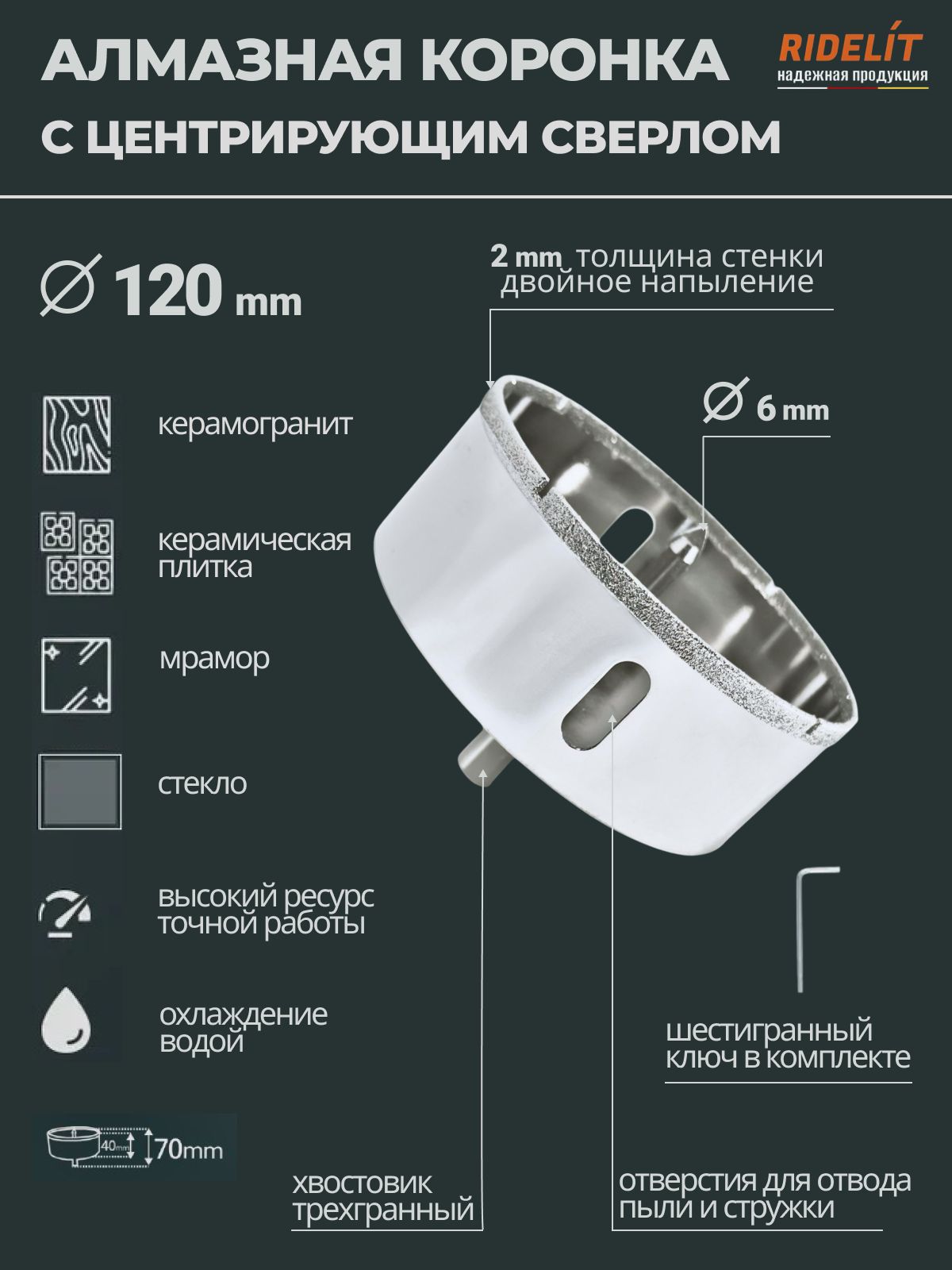 Алмазная коронка по керамограниту и плитке 120 мм с центровочным сверлом - сверление без сколов, для отверстий под розетки и смесители