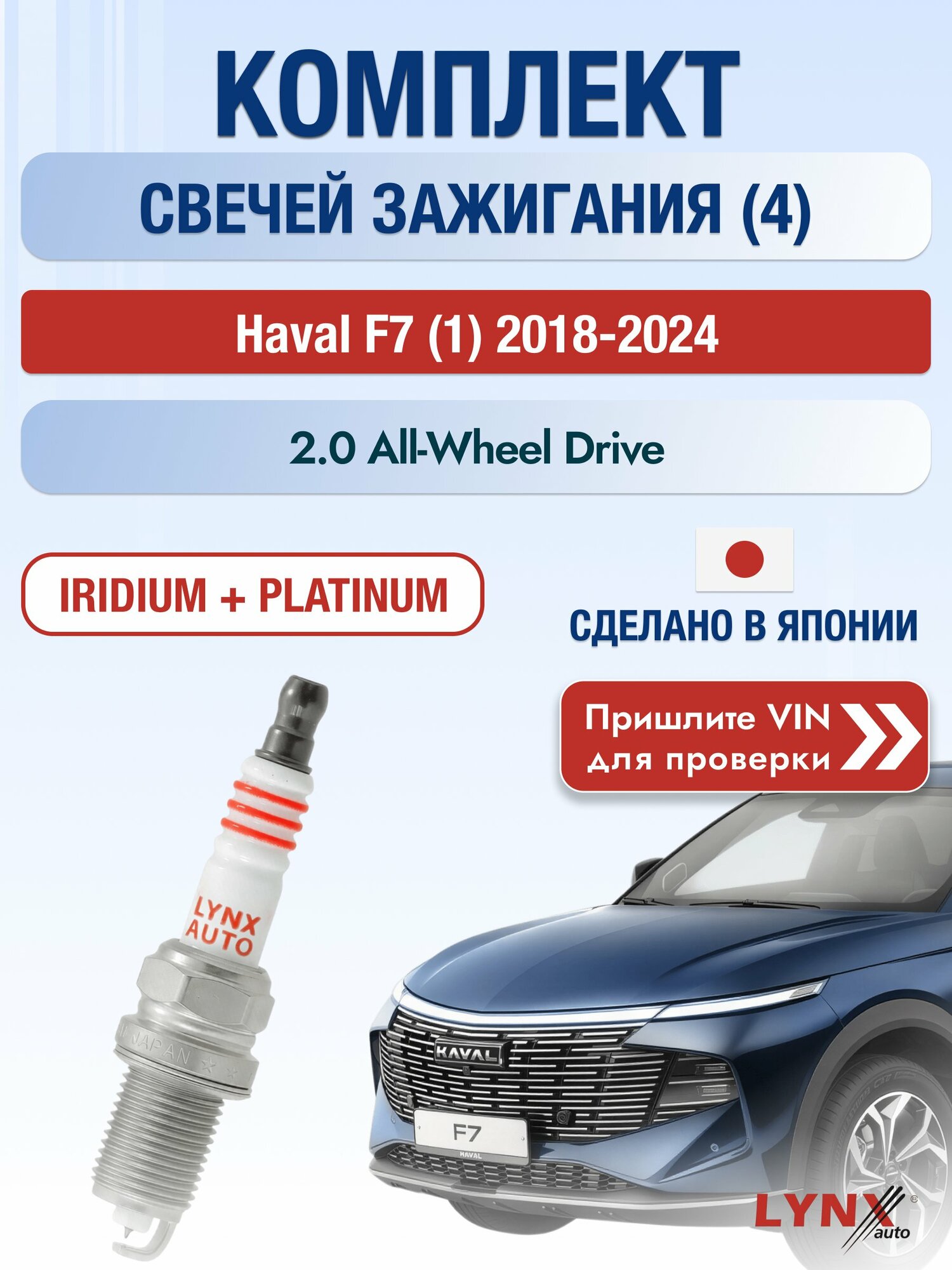 Свечи зажигания на Haval F7 (1), комплект 4 шт / 2018-2024 / Двигатель 2.0 All-wheel Drive (GW4C20) SР-419 LYNXauto