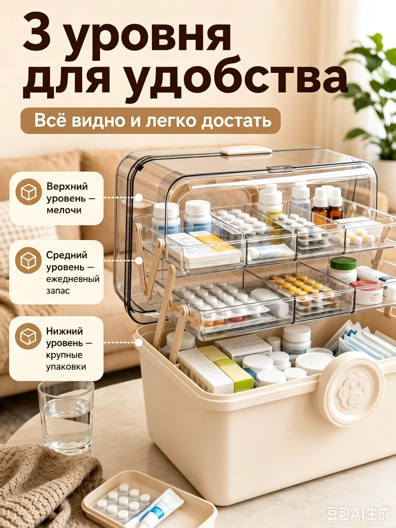 Домашняя аптечка‑органайзер для лекарств, многоуровневая пластиковая коробка для хранения медикаментов с ручкой — фото 1