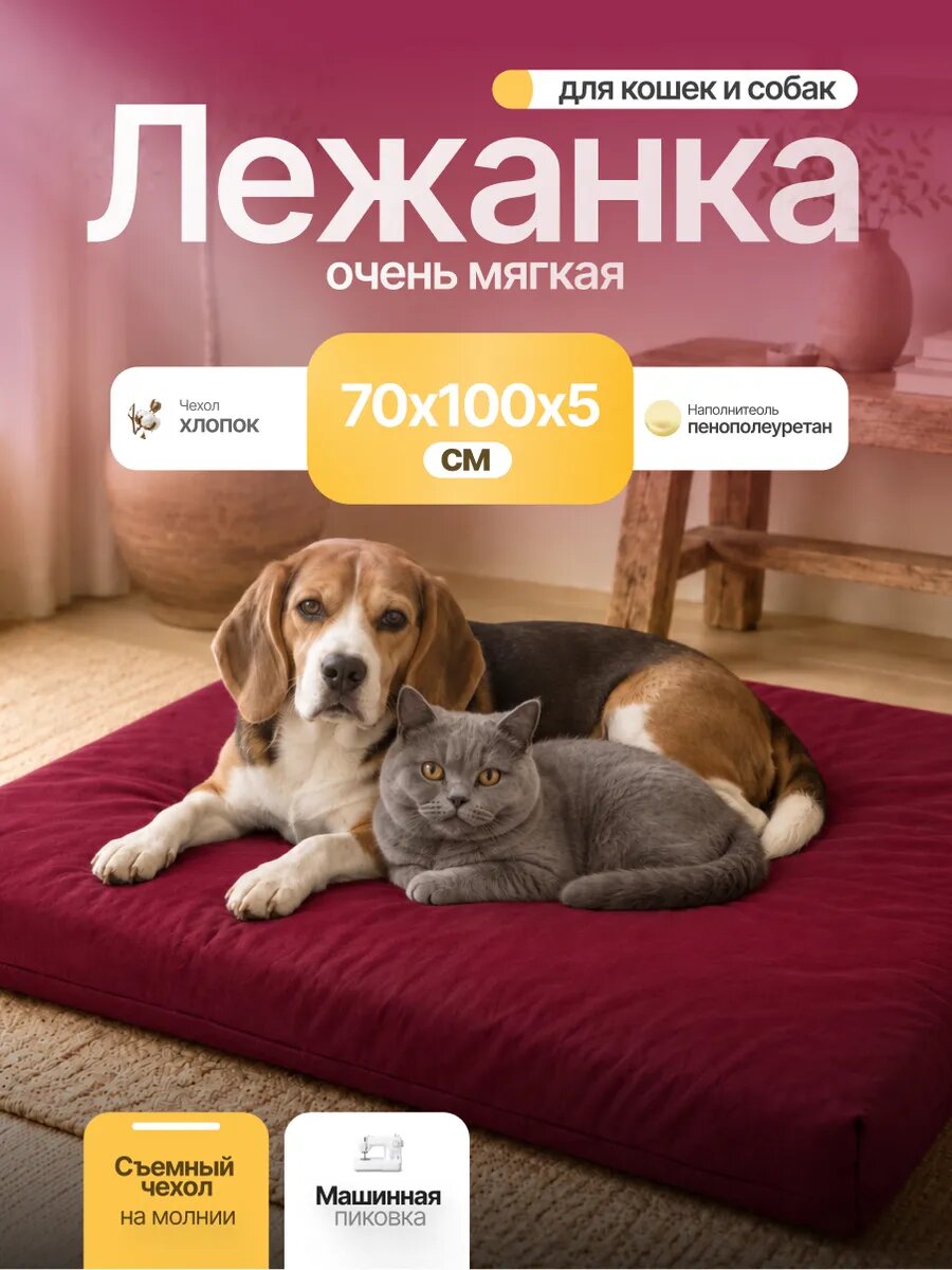 Лежанка из поролона для собак крупных и средних пород и кошек с съемным чехлом на молнии BusyTEX 70х100х5см