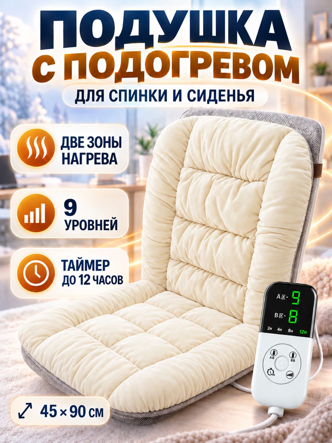 Подушка с подогревом для офисного кресла 45 90 см, 9 уровней нагрева, цифровое управление, таймер, обогрев спины и сиденья
