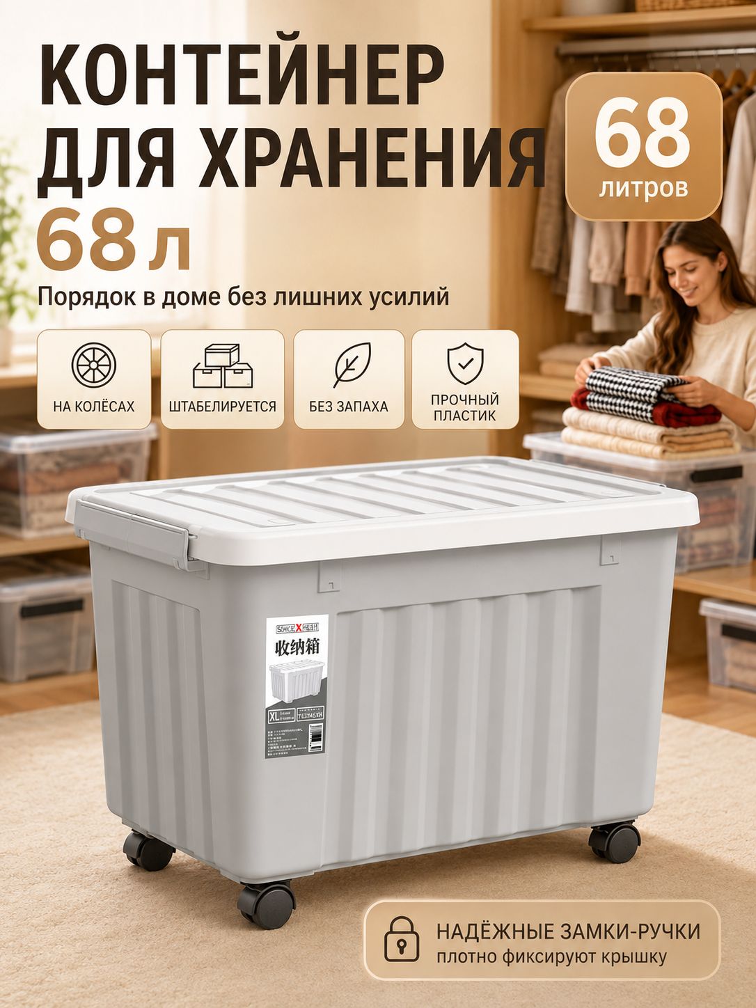 Контейнер для хранения вещей длина 55.5 см, ширина 40 см, высота 35.5 см, 1 шт, пластик, темно-серый
