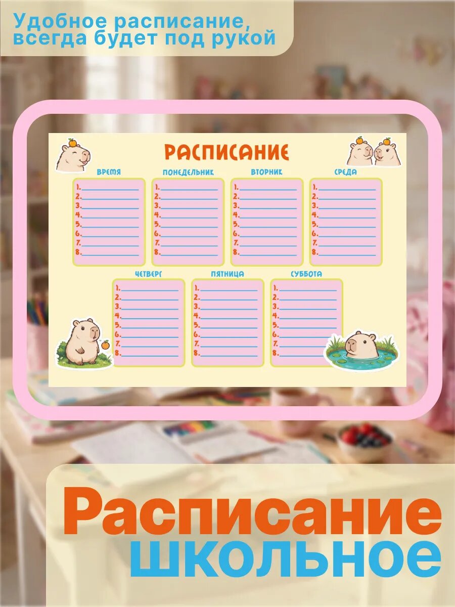 Расписание ежедневное школьное для девочек с капибарой формата А3