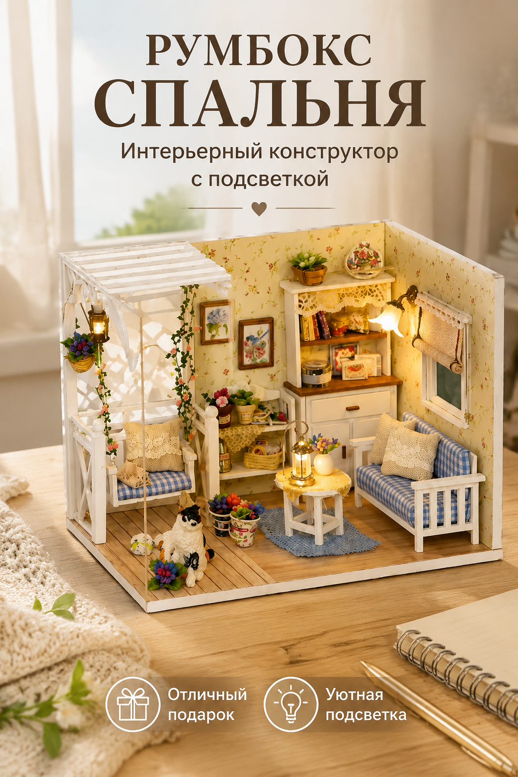 Интерьерный конструктор-румбокс спальня с подсветкой, 1/24, 150 деталей
