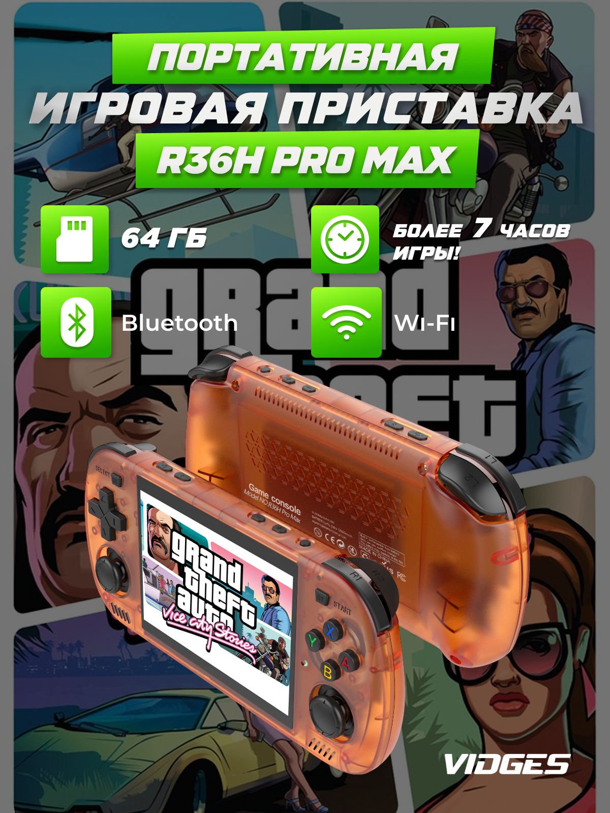 Портативная игровая приставка VIDGES R36H PRO MAX для игр PSP, PS1, DreamCast, N64, NDS, NES 64 GB