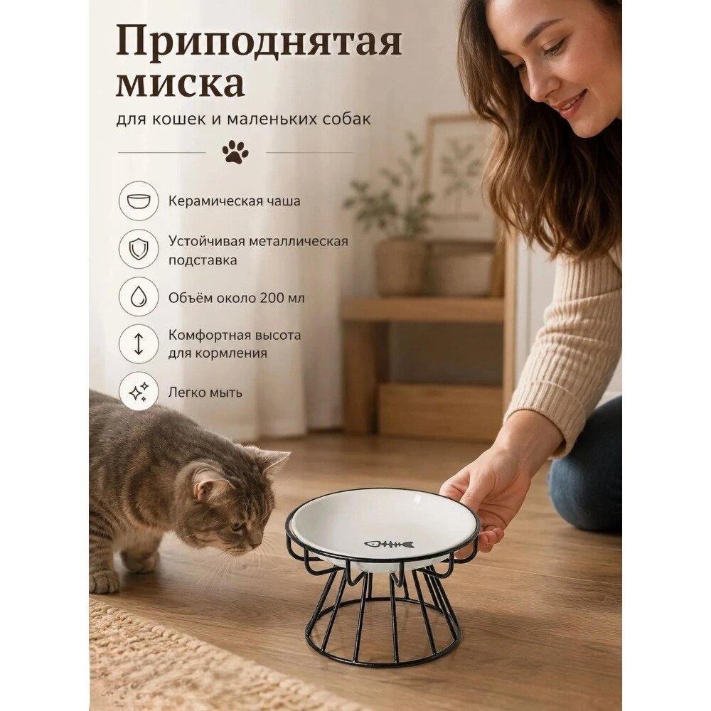 Миска для кота с подставкой, керамическая чаша с узором, металлический каркас, защита шеи питомца