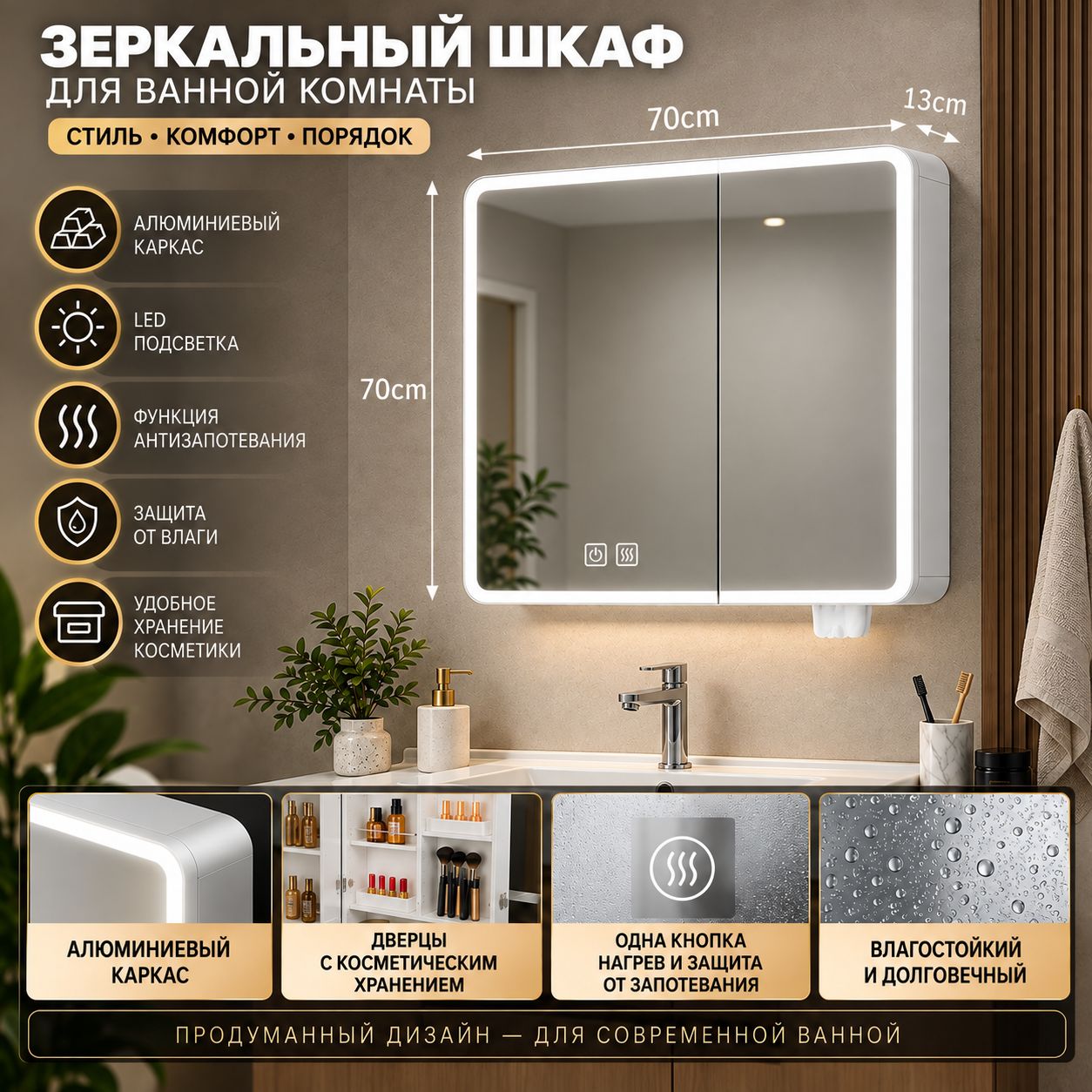Зеркальный шкаф для ванной комнаты Arc smart beauty, зеркало с подсветкой и функцией подогрева, рама из алюминиевого сплава,65,70, белый