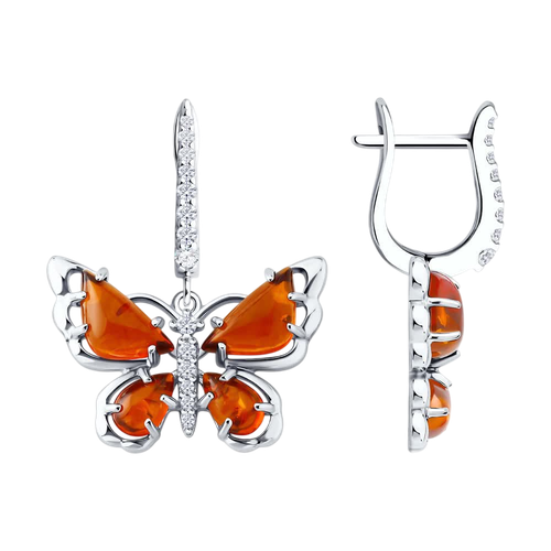 фото Серьги diamant online, серебро, 925 проба, родирование, янтарь, фианит, размер 27 мм, длина 2.7 см, , коричневый