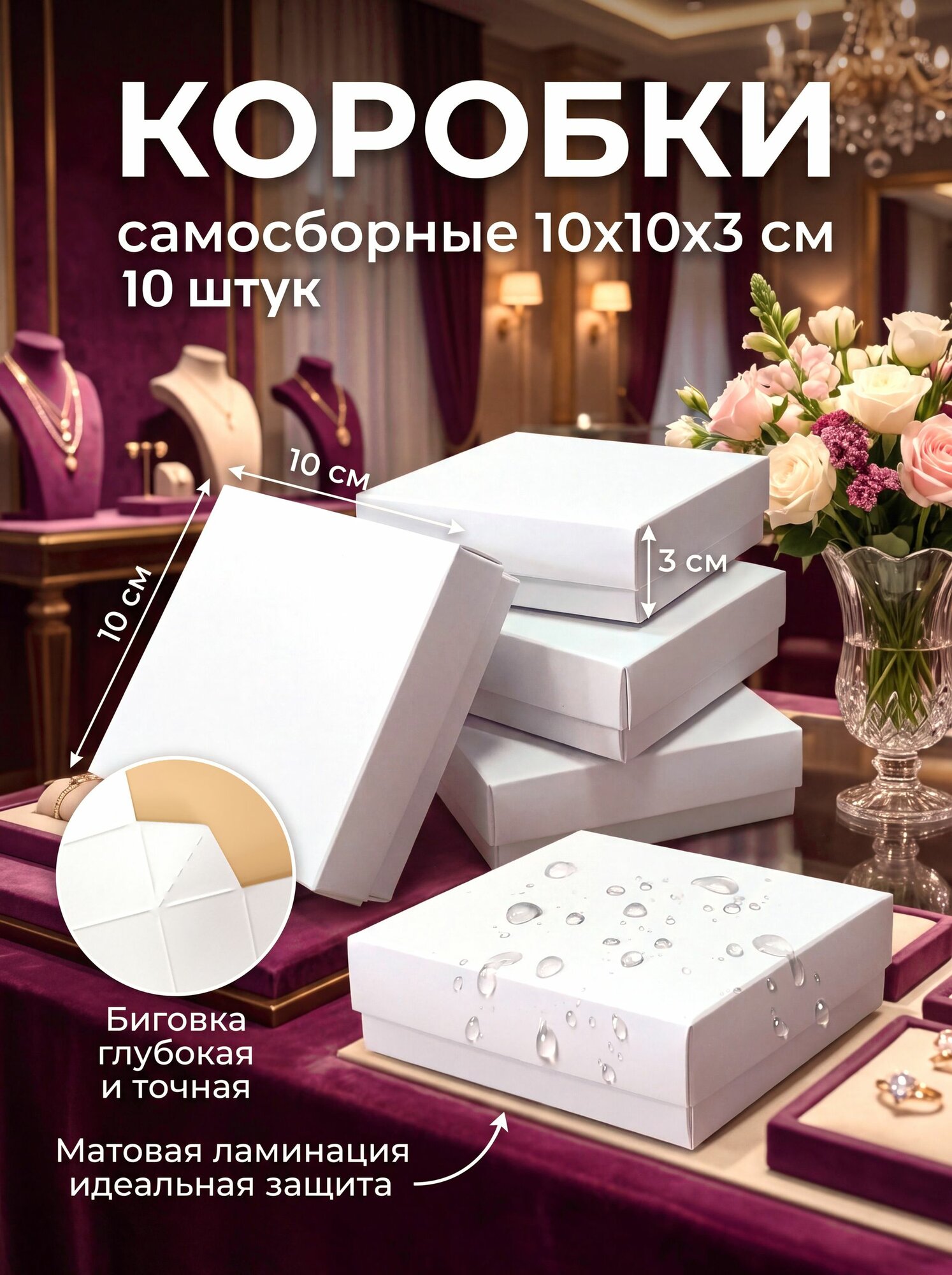 Коробка самосборная маленькая для украшений 10х10х3 см белая 10 шт