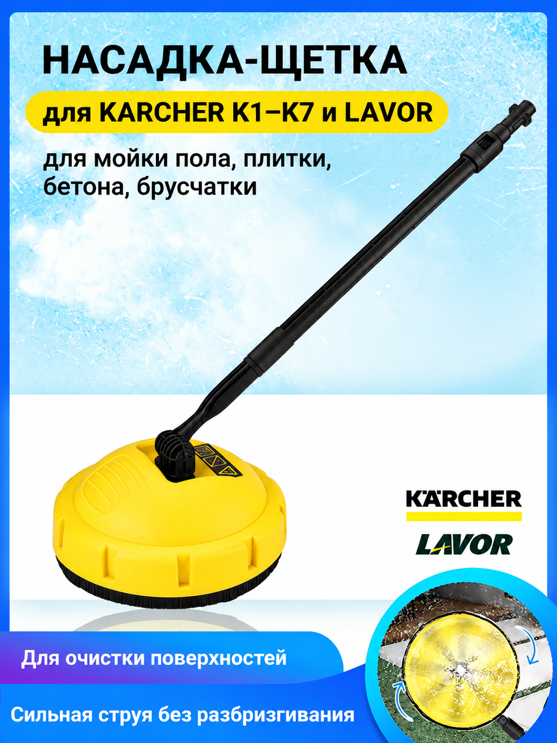 Роторная насадка-щетка для мойки Karcher K2-K7: чистка тротуарной плитки, брусчатки, ковров и террас. Без брызг