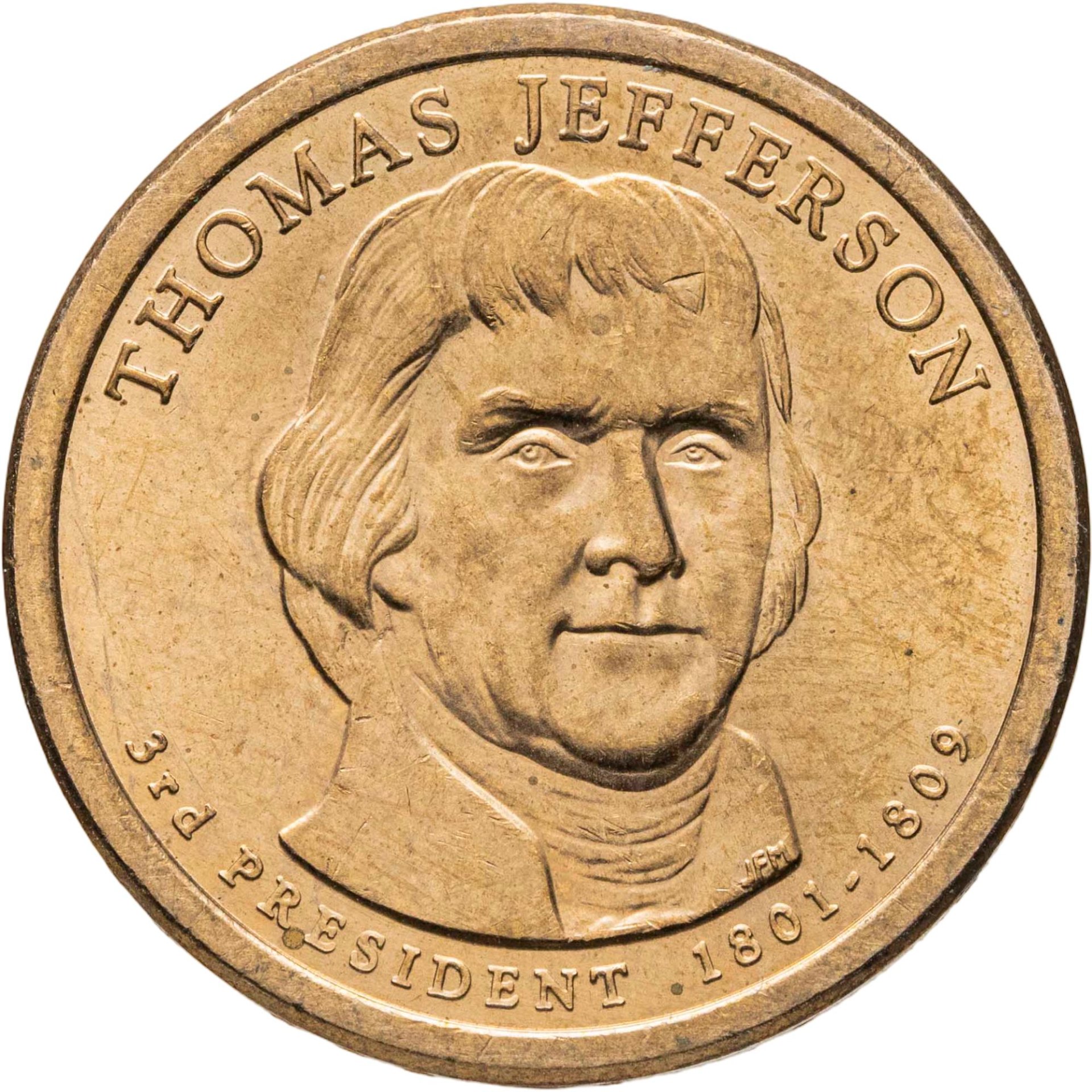 США 1 dollar доллар 2007 "Томас Джефферсон 3-й президент США", знак монетного двора "Р" - Филадельфия, Латунь, в сохранности UNC
