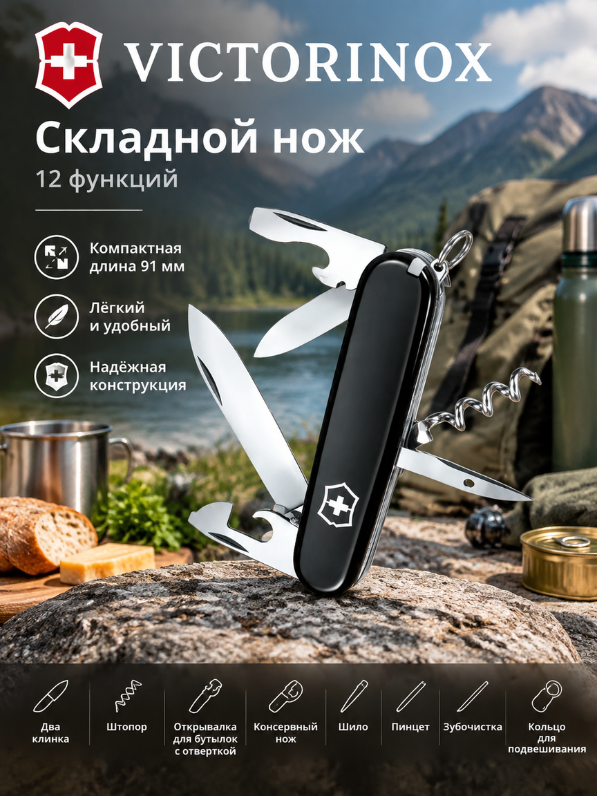 Складной нож 91 мм на 12 функций со штопором, консервным ножом и шилом, черный корпус