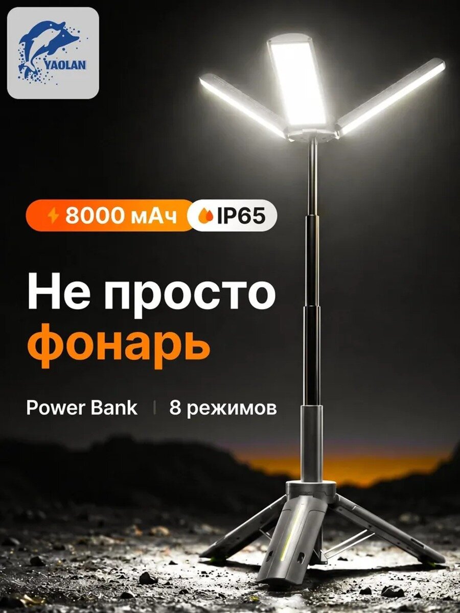 Кемпинговый ручной фонарь 3000 лм, 20 Вт, 8 режимов, IP65, встроенный аккумулятор, 7х7х41