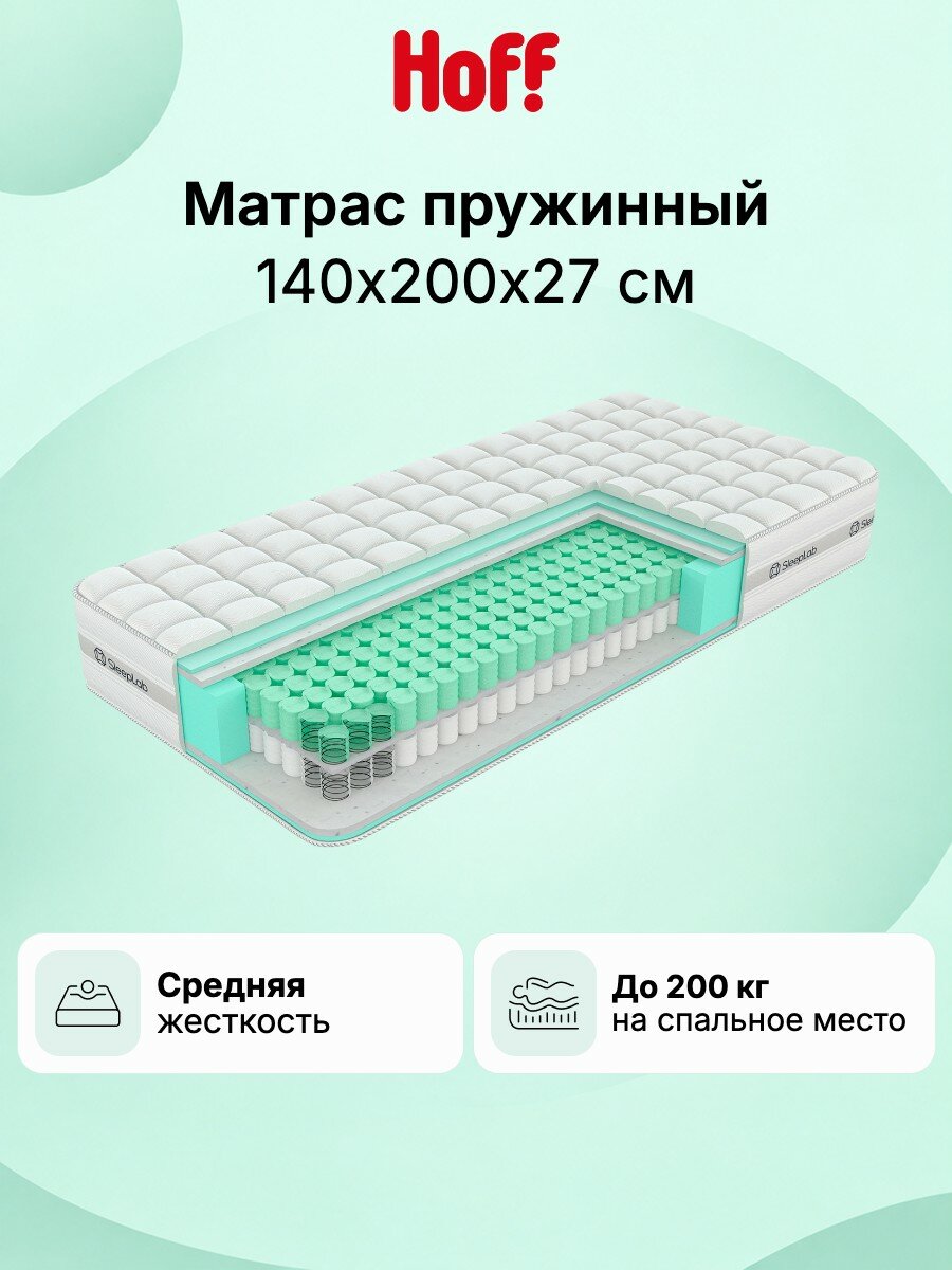 Матрас SLEEPLAB Twin, 140х200 см, независимые пружины, двусторонний, средняя жесткость