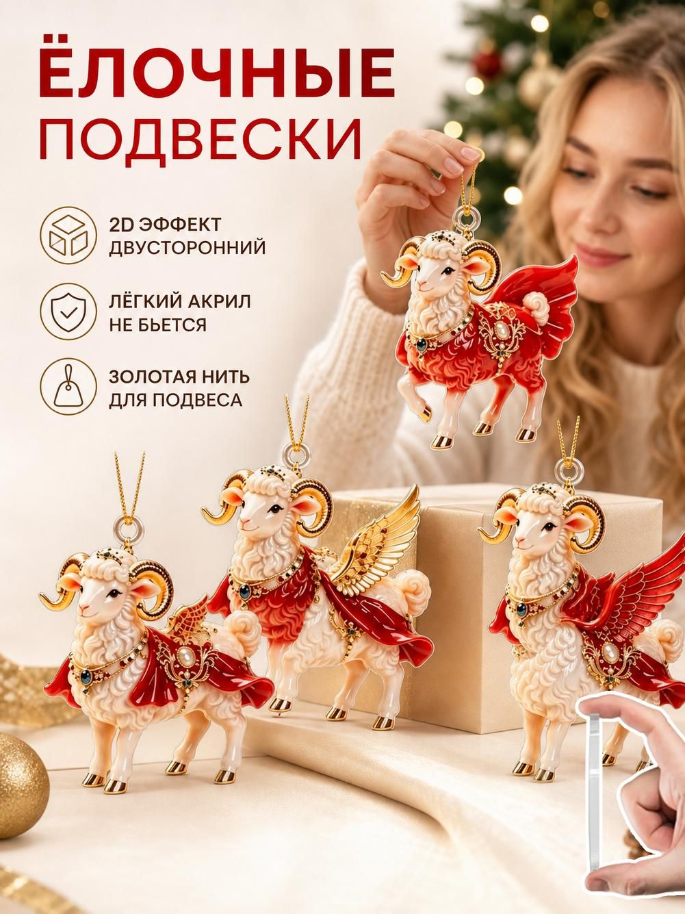 Елочная подвеска из акрила, коза со снежинками, 7 шт