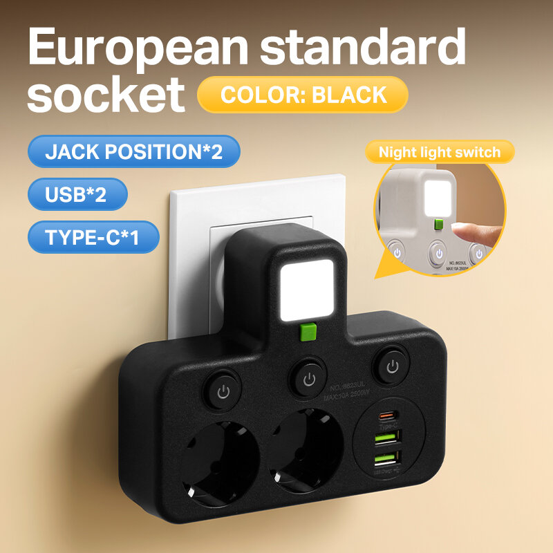 Многопортовое питание 5AC+2USB+Type C, отдельные выключатели + ночник, беспроводная розетка евростандарта, очень удобно для дома и офиса