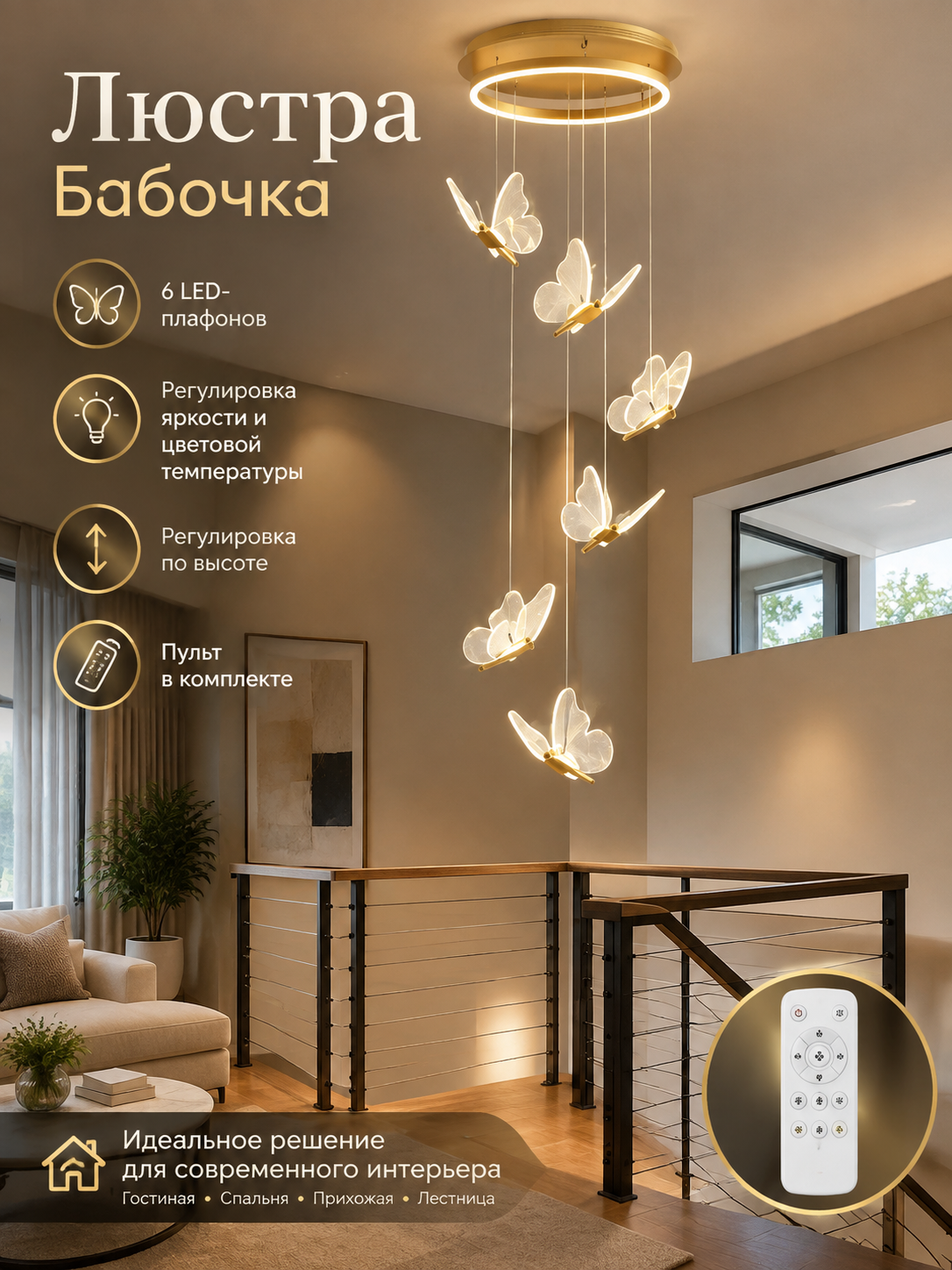 Подвесная люстра с бабочками золотая, 6 LED-плафонов, пульт и регулировка высоты