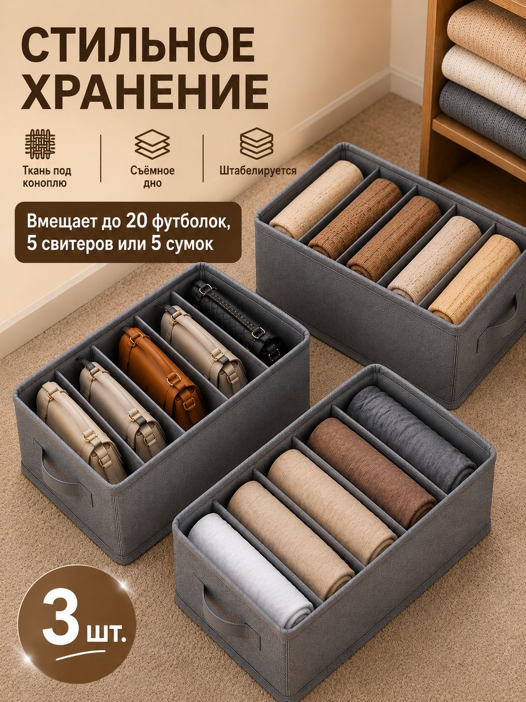 Органайзер для сумок в шкаф 45х25х18 см (3 шт) пластиковый разделитель, защита от пыли, для рубашек и свитеров