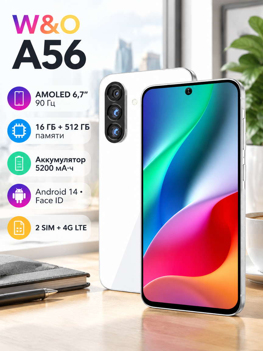 Смартфон Android 14, 16+512 ГБ, экран 6,7' AMOLED 90 Гц, батарея 5200 мАч, 2 SIM, белый