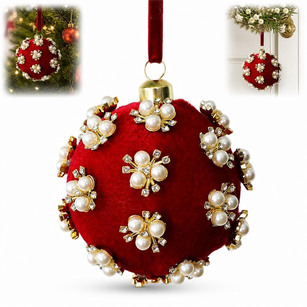 Елочная игрушка из бархата, синяя, 8 см, со стразами и жемчугом