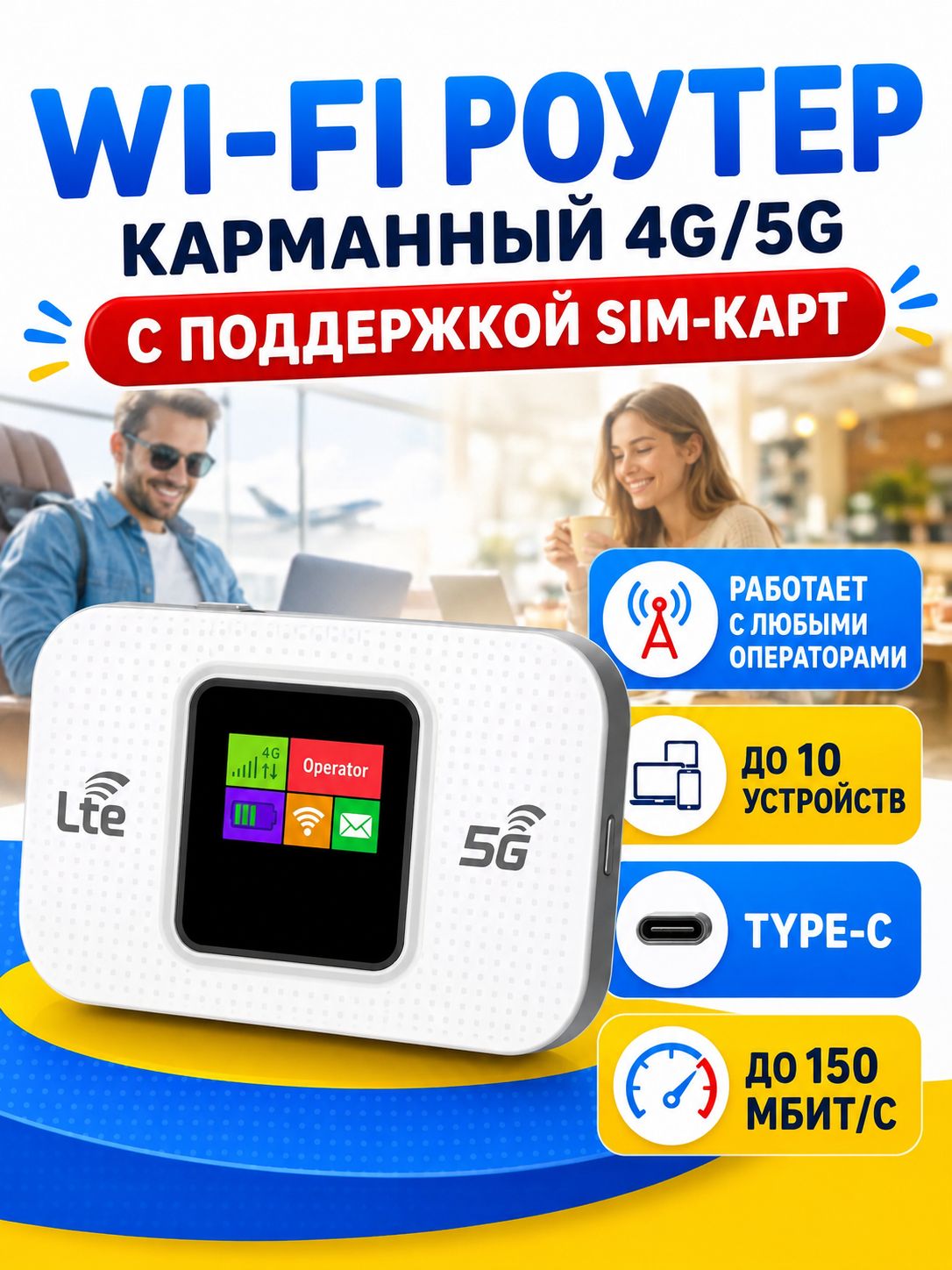 Портативный беспроводной карманный роутер, переносной интернет модем Wi-Fi 4G для сим карты