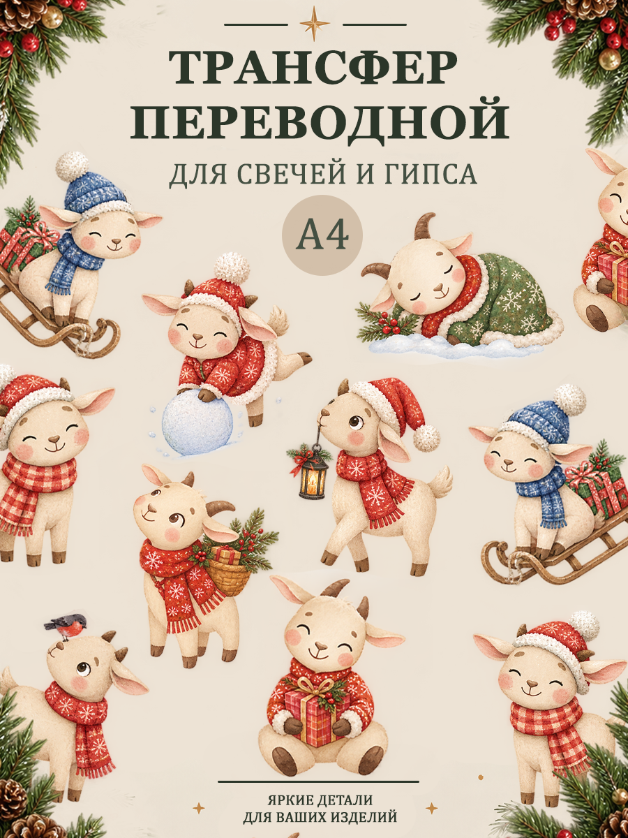 Трансфер, декали для свечей и гипса "Год козы" 001 (А4) для декупажа