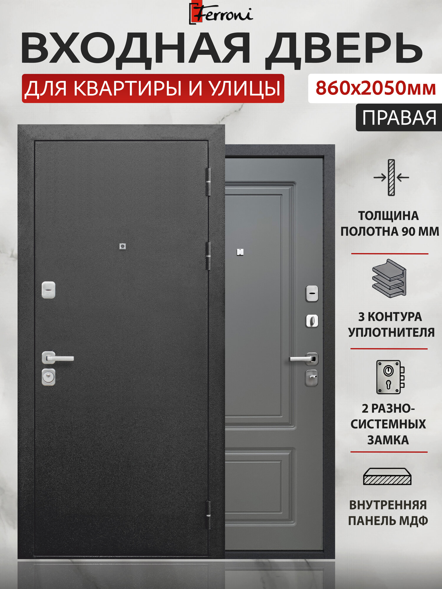 Входная дверь Ferroni Толстяк Букле Черный Графит Эмаль (860мм) правая