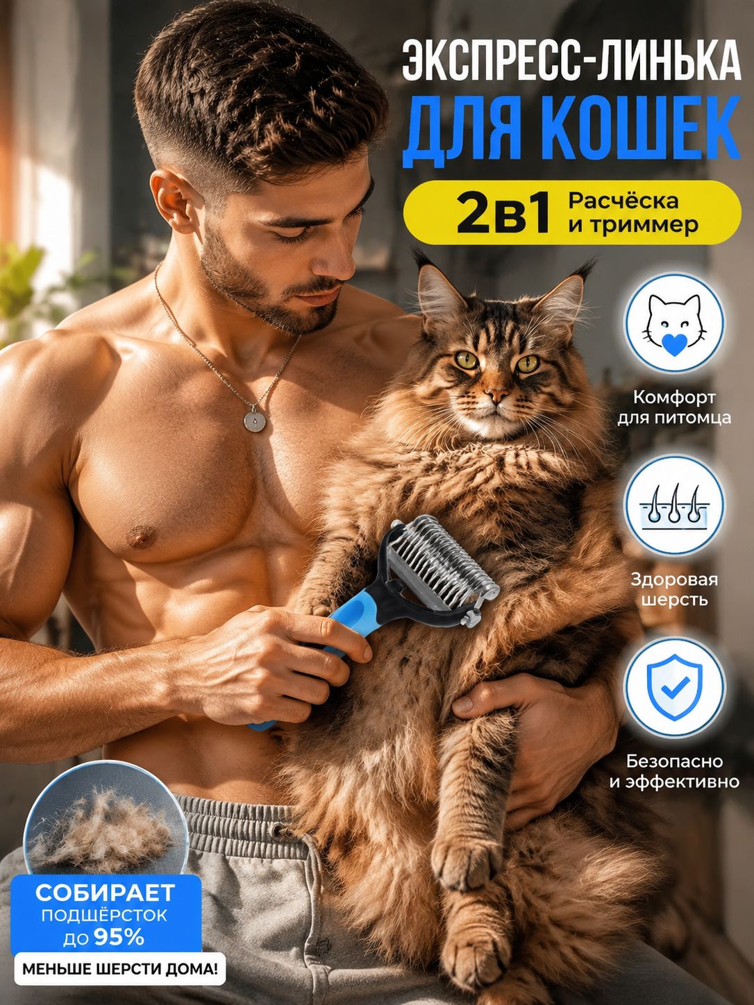 Расческа для кошек длинношерстных, колтунорез + дешеддер 2 в 1, щетка для домашних кошек для вычесывания