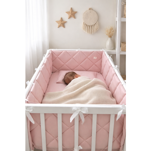 фото Бортики в кроватку для новорождённых стеганые mamibro, 100% хлопок, розовая пудра, 60х30 см - 2 шт, 120х30 см - 2 шт mami bro