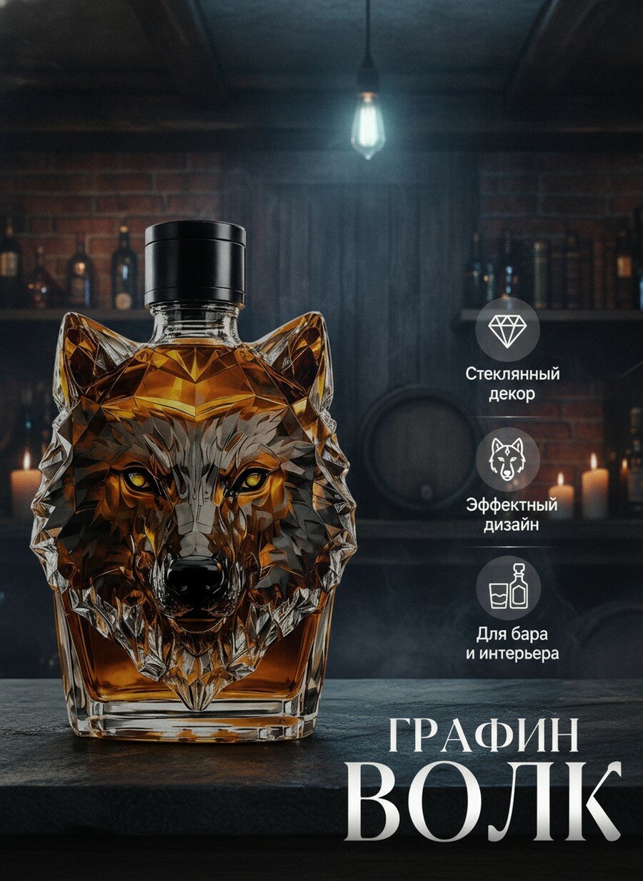Стеклянный декантер для виски в форме головы волка 350 миллилитров, Объем 0.36 л, Герметичная крышка