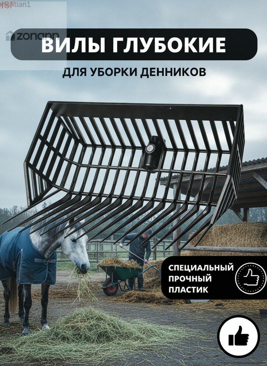 Глубокие вилы без черенка для уборки денника, черный цвет, Из прочного гибкого пластика, Легкий инструмент для конюшни