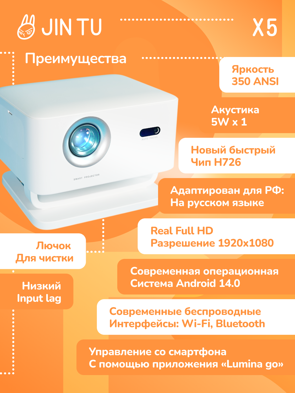 Проектор JIN TU X5 для фильмов. Real Full HD. Яркость 350 ANSI. Android 14. Интерфейс разработан для России. Смотри видео обзор.