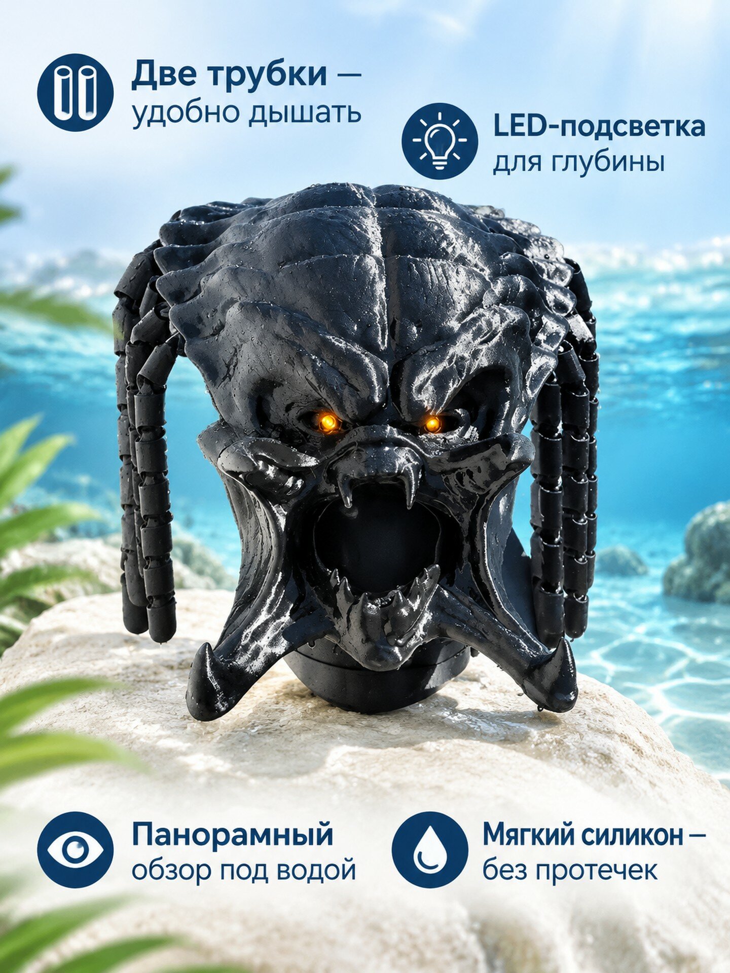 Двухтрубная маска для подводного плавания со встроенной LED-подсветкой, Хищник
