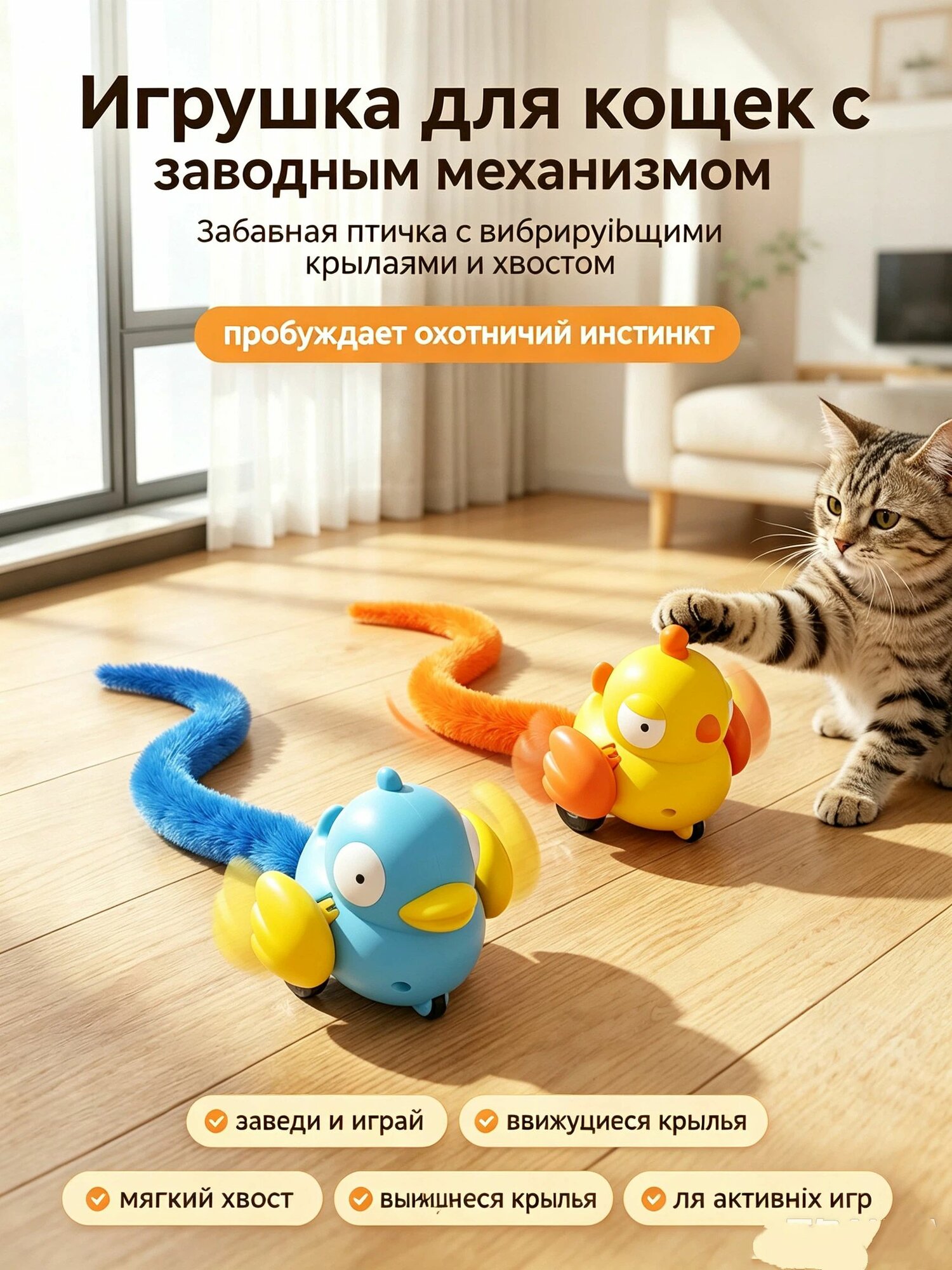 Интерактивная заводная игрушка для кошек, подвижная птичка с пушистым хвостом, для развлечения и охотничьего инстинкта питомца