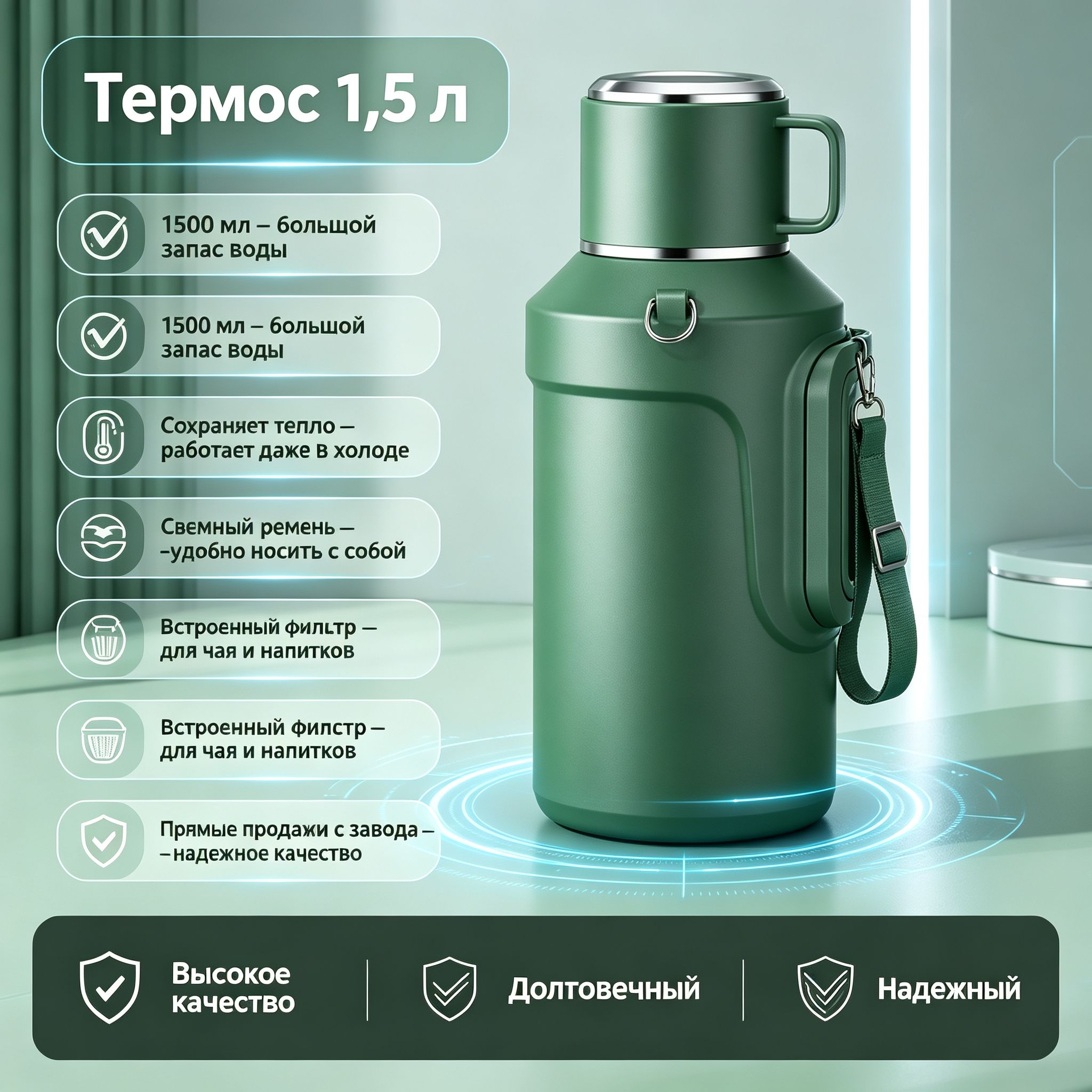 Термос 1,5 л из нержавеющей стали с ручкой и ремешком, вакуумная бутылка с фильтром для заваривания чая, для походов, рыбалки и путешествий