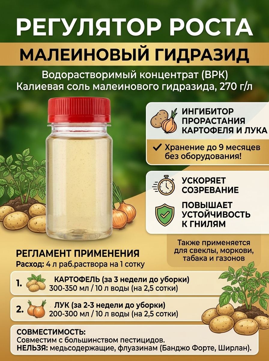Регулятор роста- Малеиновый гидразид 100 мл, для картофеля, лука, чеснока, моркови, табака и др