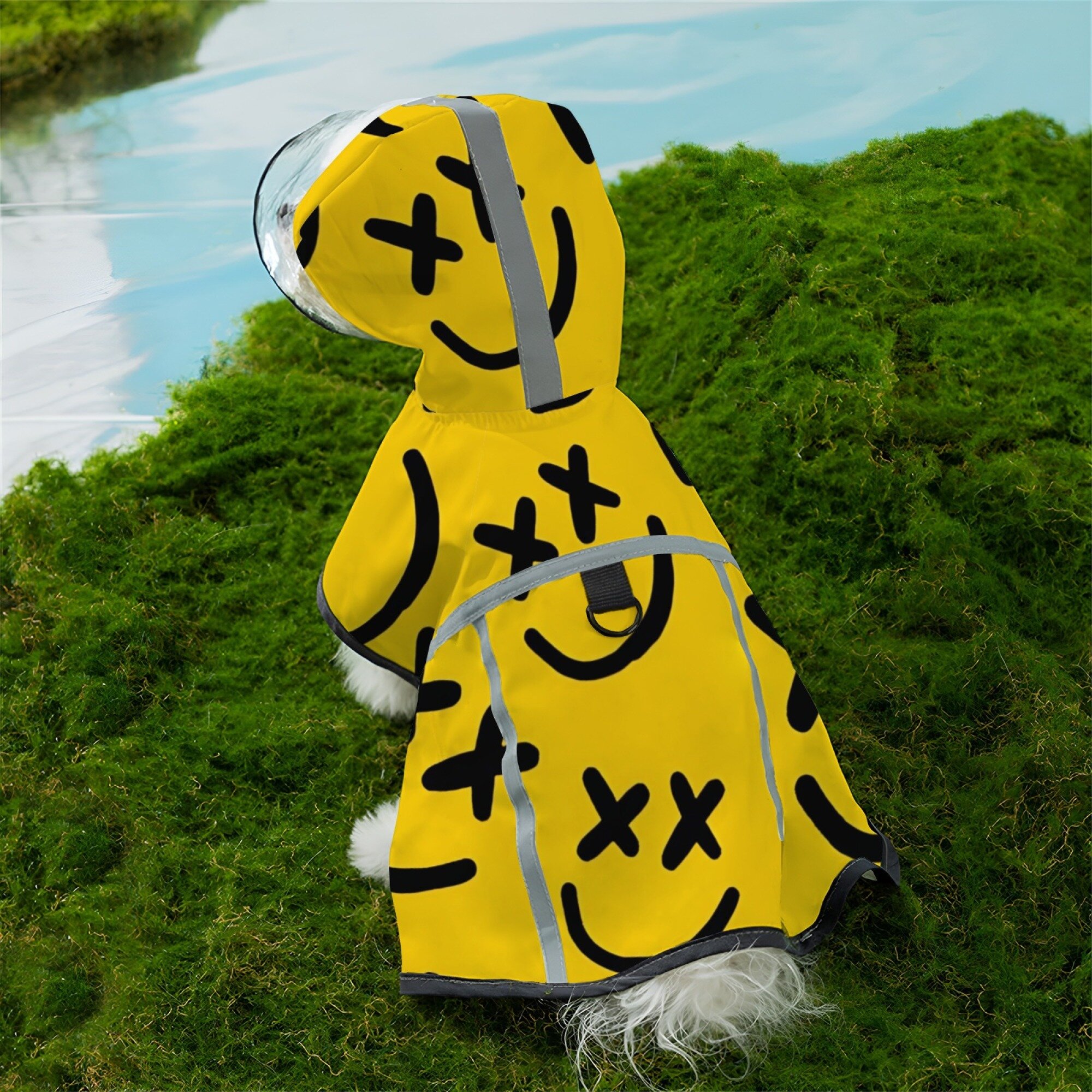 Светоотражающий дождевик для собак с капюшоном и принтом улыбающегося лица, регулируемый, легкий, всесезонный, для прогулок, размер S, 1 шт.