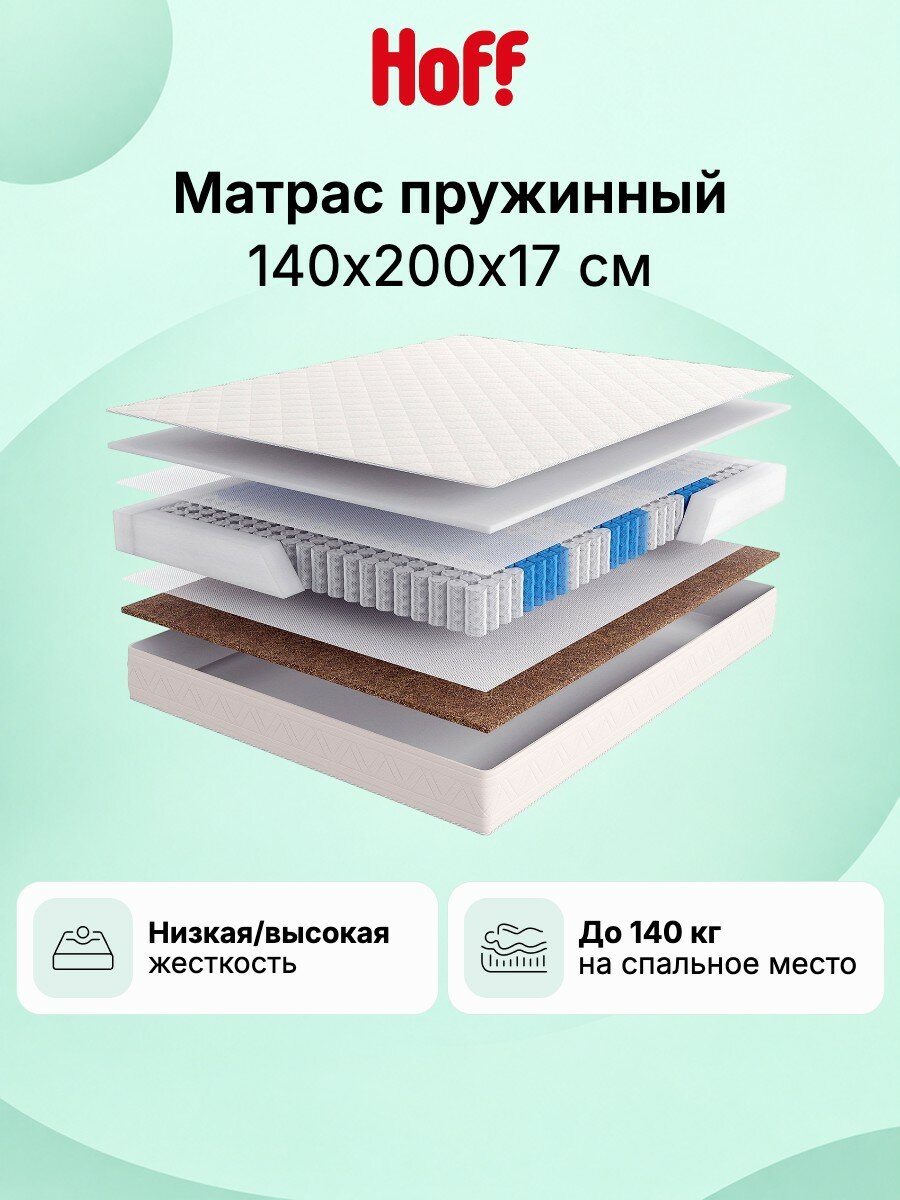 Матрас двуспальный MILDEX Harmonic, 140х200 см, пружинный, низкая, высокая жесткость