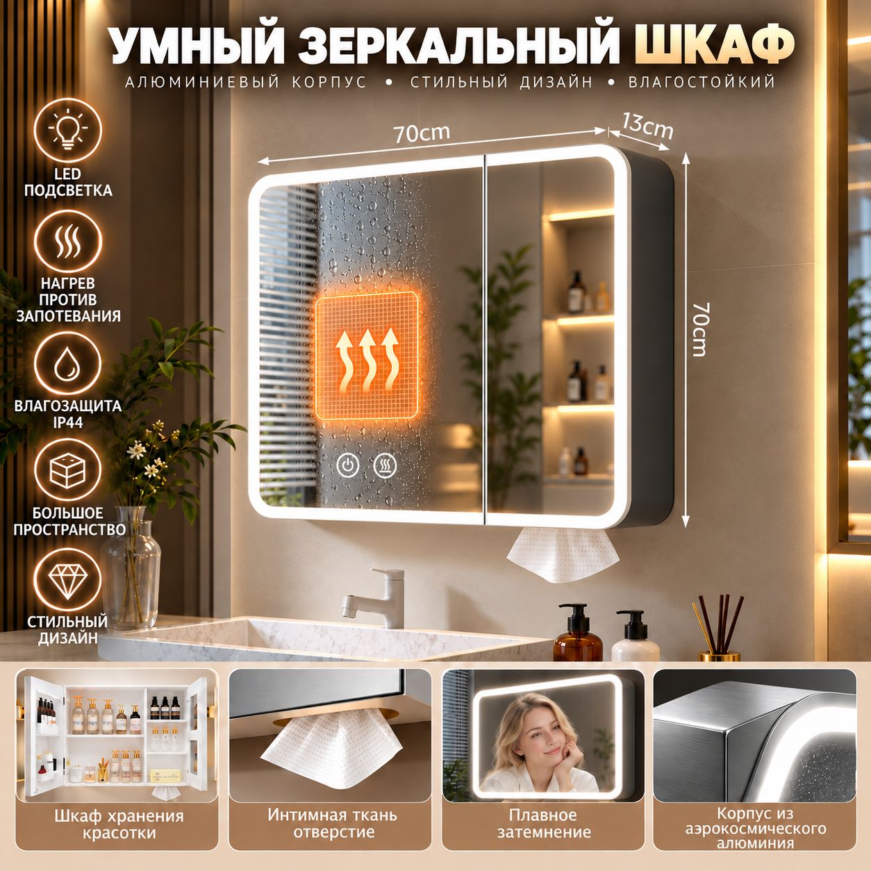 Недавно модернизированный зеркальный шкаф smartmirror изготовлен из толстого алюминиевого сплава, оснащен подсветкой и интеллектуальной функцией защиты от запотевания 70,70, серый