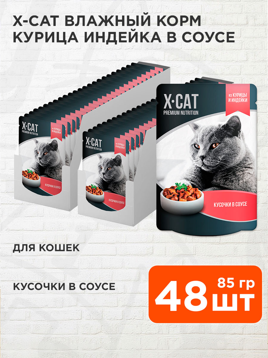 Корм влажный X-Cat для взрослых кошек, курица, индейка в соусе, 85 г 48 шт