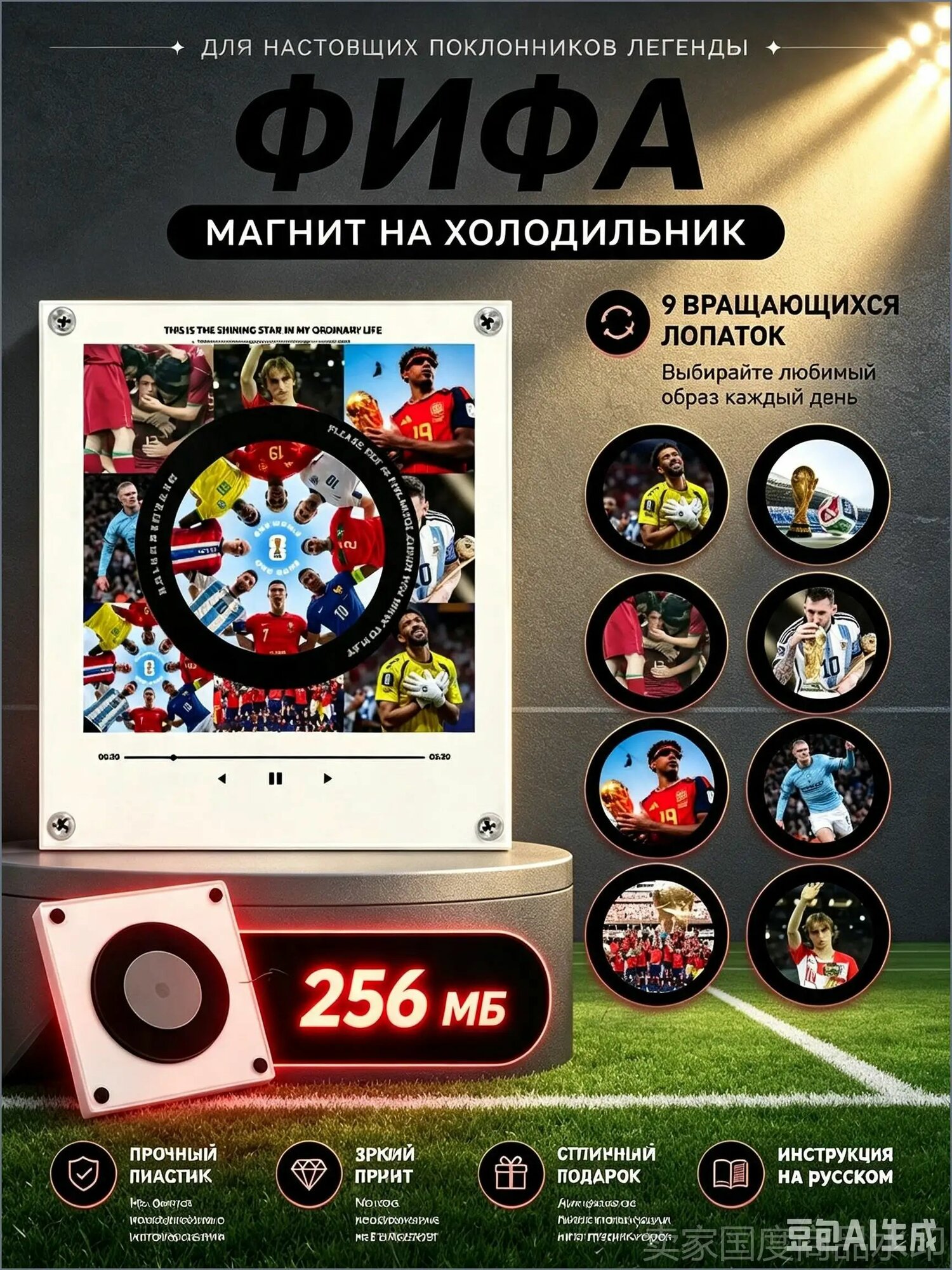 Музыкальный магнит на холодильник с дисками фифа, 9 виниловых дисков, 256 МБ, автономность до 2 недель, 8 часов работы, инструкция на русском